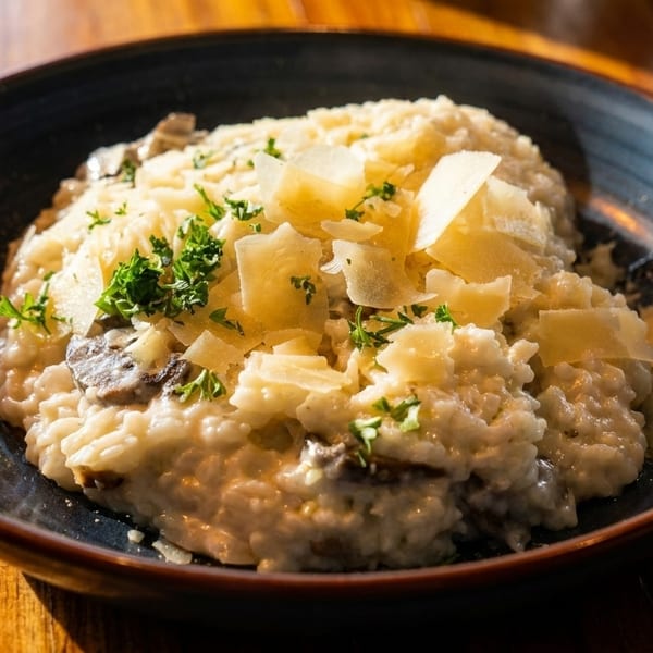 Creamy mushroom risotto topped with shaved Parmesan cheese and fresh parsley in a dark bowl.