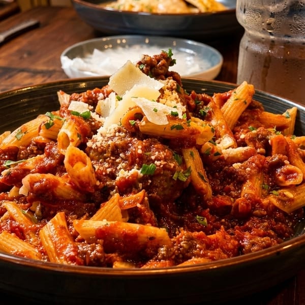 A bowl of penne pasta with meat sauce, parmesan cheese, and parsley on a wooden table.