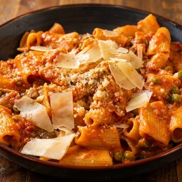Rigatoni pasta with red sauce, peas, and shaved Parmesan cheese in a dark bowl on a wooden table.
