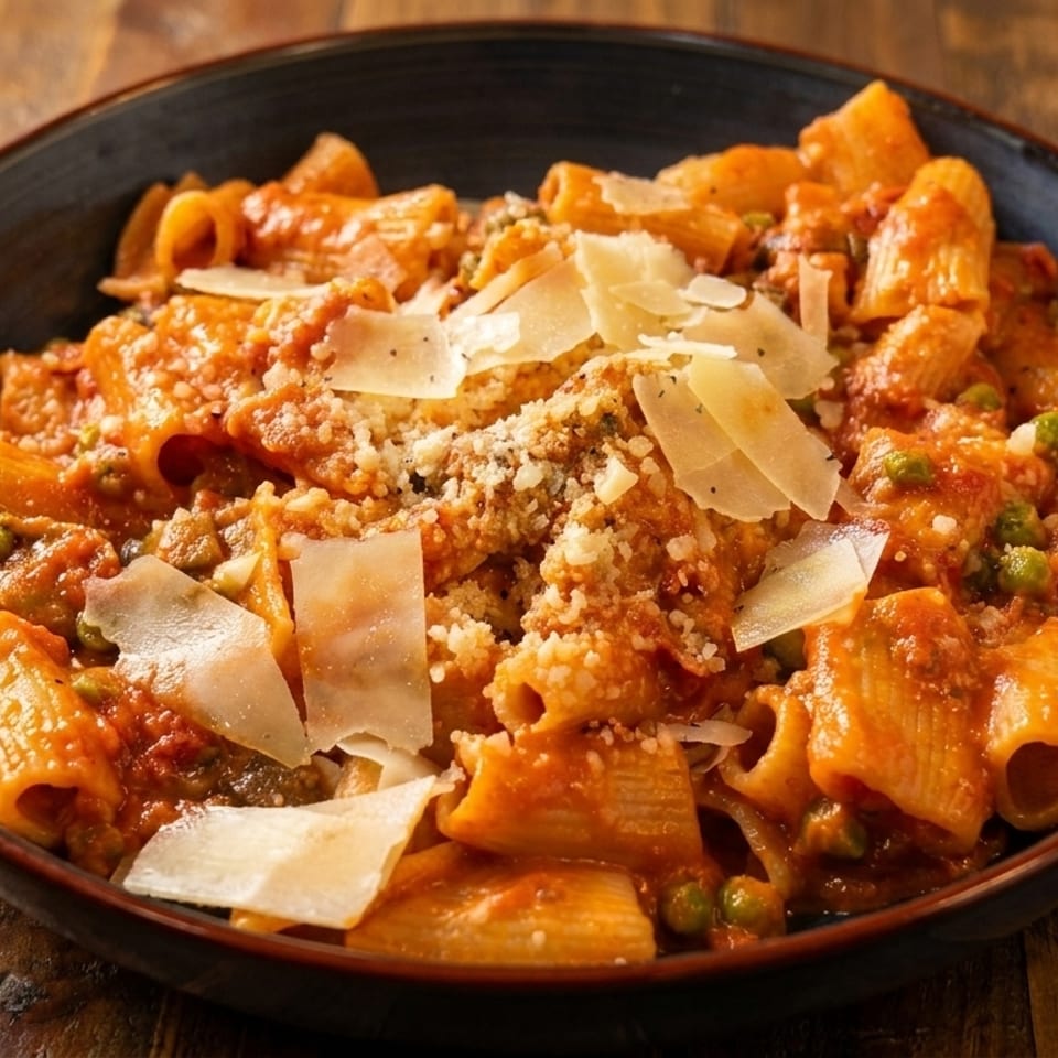 Rigatoni pasta with red sauce, peas, and shaved Parmesan cheese in a dark bowl on a wooden table.